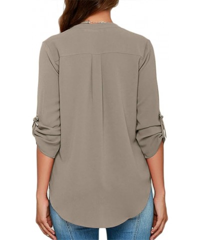 Women's V Neck Chiffon Roll Sleeve Blouses Casual Solid Color Party Shirts Tops Grey $10.80 Blouses