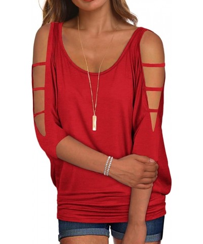 Women's Summer Cold Shoulder 3/4 Sleeve Tops O-Neck Sexy Dolman Shirts Loose Fit Blouse Red $15.94 Blouses