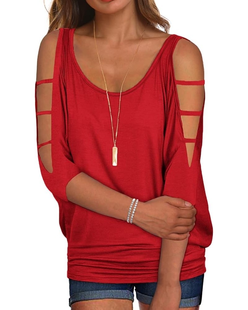 Women's Summer Cold Shoulder 3/4 Sleeve Tops O-Neck Sexy Dolman Shirts Loose Fit Blouse Red $15.94 Blouses