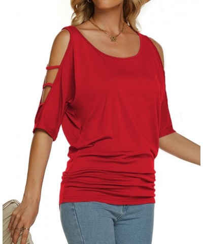 Women's Summer Cold Shoulder 3/4 Sleeve Tops O-Neck Sexy Dolman Shirts Loose Fit Blouse Red $15.94 Blouses