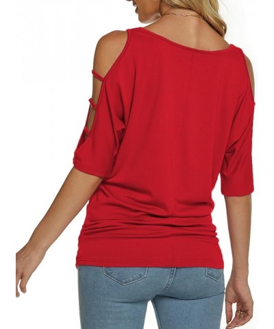 Women's Summer Cold Shoulder 3/4 Sleeve Tops O-Neck Sexy Dolman Shirts Loose Fit Blouse Red $15.94 Blouses