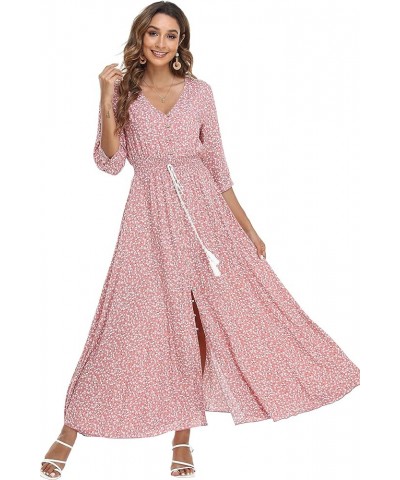 Women's Floral Maxi Dresses with Sleeves Flowy Boho Beach Dress Pink With Little Flower $24.00 Dresses