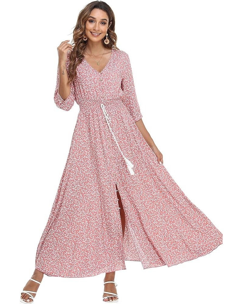 Women's Floral Maxi Dresses with Sleeves Flowy Boho Beach Dress Pink With Little Flower $24.00 Dresses