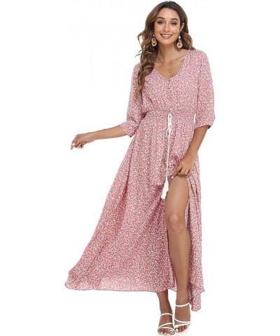 Women's Floral Maxi Dresses with Sleeves Flowy Boho Beach Dress Pink With Little Flower $24.00 Dresses