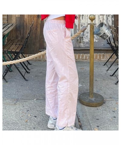 Womens Striped Lounge Pants Y2K Loose Drawstring Elastic Waist Wide Leg Straight Long Pants with Pockets Streetwear Pink 4 $8...