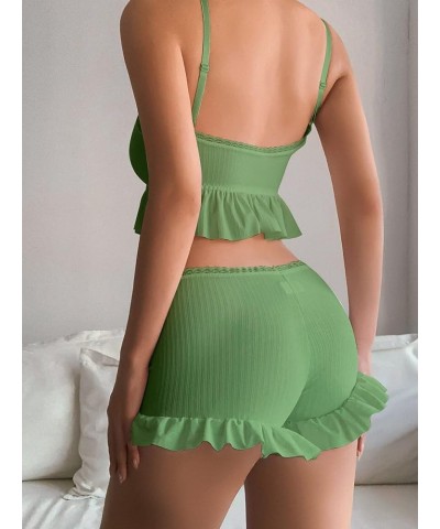 Women's 2 Piece Lingerie Set Pajama Sets Ruffle Trim Tie Front Cami Top and Shorts Sleepwear Green $12.00 Sleep & Lounge