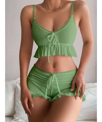 Women's 2 Piece Lingerie Set Pajama Sets Ruffle Trim Tie Front Cami Top and Shorts Sleepwear Green $12.00 Sleep & Lounge