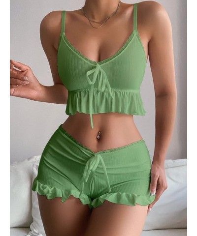 Women's 2 Piece Lingerie Set Pajama Sets Ruffle Trim Tie Front Cami Top and Shorts Sleepwear Green $12.00 Sleep & Lounge