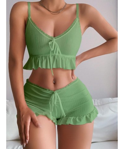 Women's 2 Piece Lingerie Set Pajama Sets Ruffle Trim Tie Front Cami Top and Shorts Sleepwear Green $12.00 Sleep & Lounge