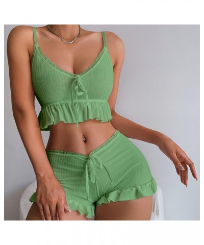 Women's 2 Piece Lingerie Set Pajama Sets Ruffle Trim Tie Front Cami Top and Shorts Sleepwear Green $12.00 Sleep & Lounge