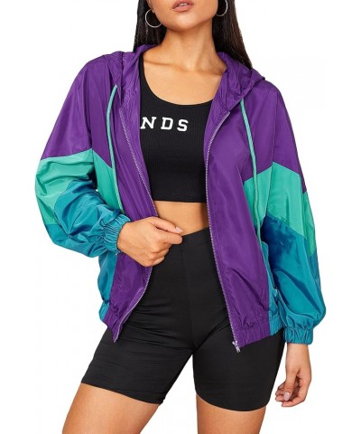 Women's Color Block Zipper Front Long Sleeve Sporty Windbreaker Jacket Violet Purple $16.31 Jackets