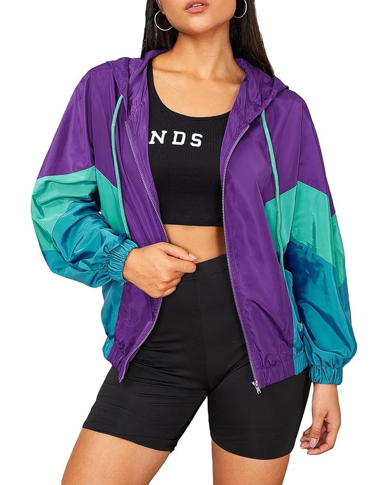 Women's Color Block Zipper Front Long Sleeve Sporty Windbreaker Jacket Violet Purple $16.31 Jackets