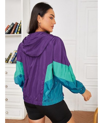 Women's Color Block Zipper Front Long Sleeve Sporty Windbreaker Jacket Violet Purple $16.31 Jackets