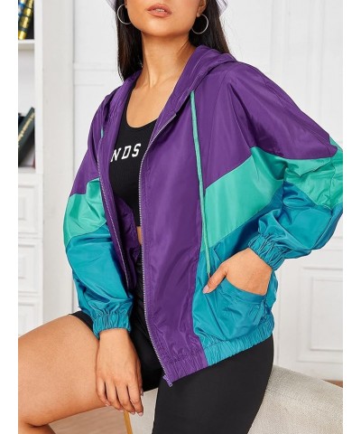 Women's Color Block Zipper Front Long Sleeve Sporty Windbreaker Jacket Violet Purple $16.31 Jackets