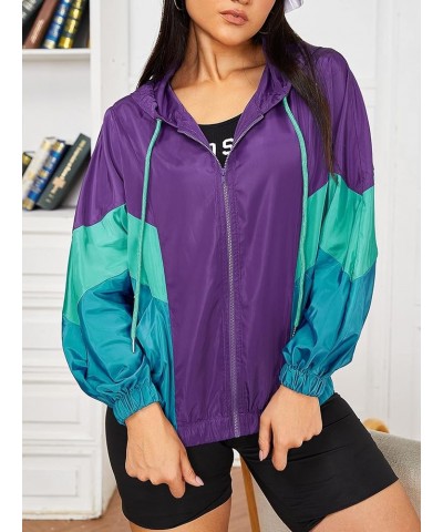 Women's Color Block Zipper Front Long Sleeve Sporty Windbreaker Jacket Violet Purple $16.31 Jackets