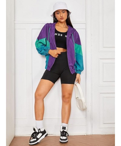 Women's Color Block Zipper Front Long Sleeve Sporty Windbreaker Jacket Violet Purple $16.31 Jackets