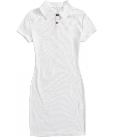 Women's Button Front Collar Short Sleeve Rib Knit Bodycon Mini Dress White $10.32 Dresses