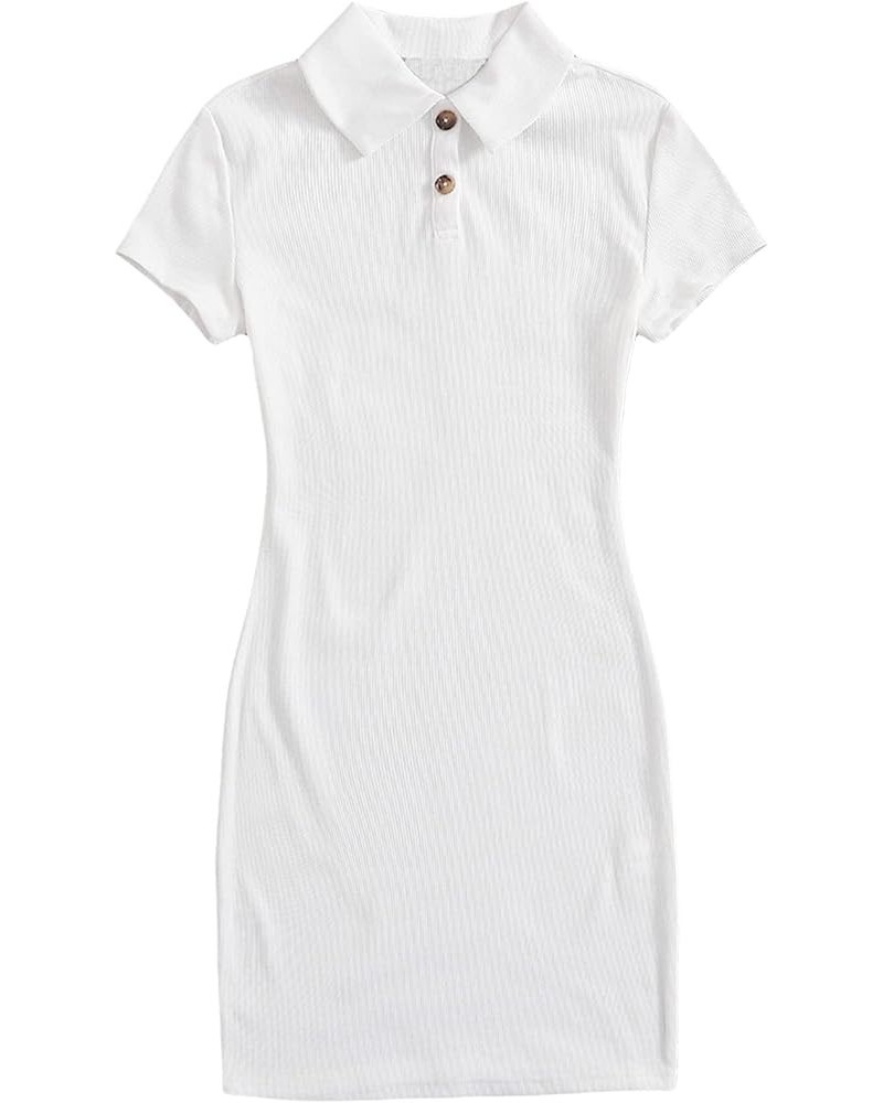 Women's Button Front Collar Short Sleeve Rib Knit Bodycon Mini Dress White $10.32 Dresses