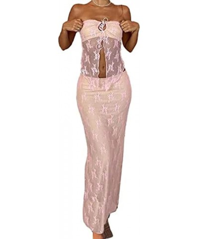 Women 2 Piece Skirt Sets Sexy Cami Top and Long Skirt Set Ruffled Satin Lace Patchwork Two Piece Skirt Outfit Floral Lace-pin...