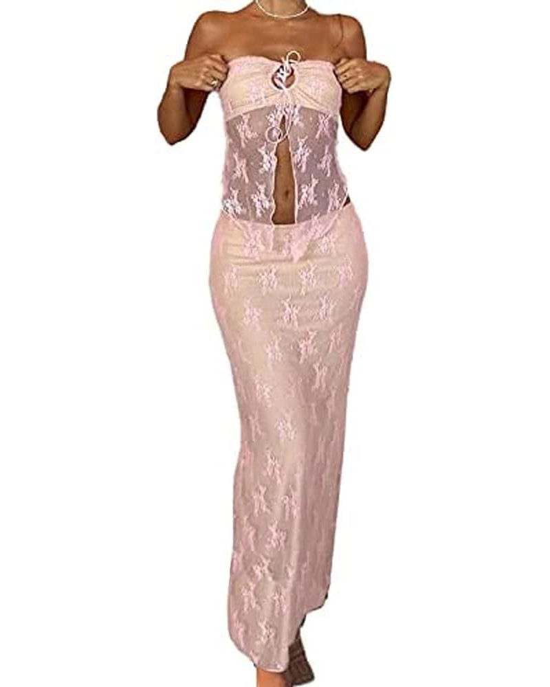 Women 2 Piece Skirt Sets Sexy Cami Top and Long Skirt Set Ruffled Satin Lace Patchwork Two Piece Skirt Outfit Floral Lace-pin...