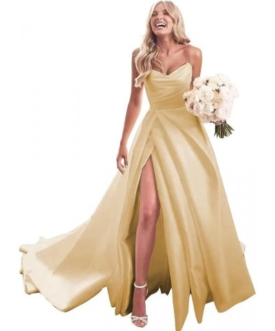 Strapless Prom Dresses Long Ball Gown Satin Wedding Dress for Bride A Line Formal Evening Party Gowns with Slit Champage $41....