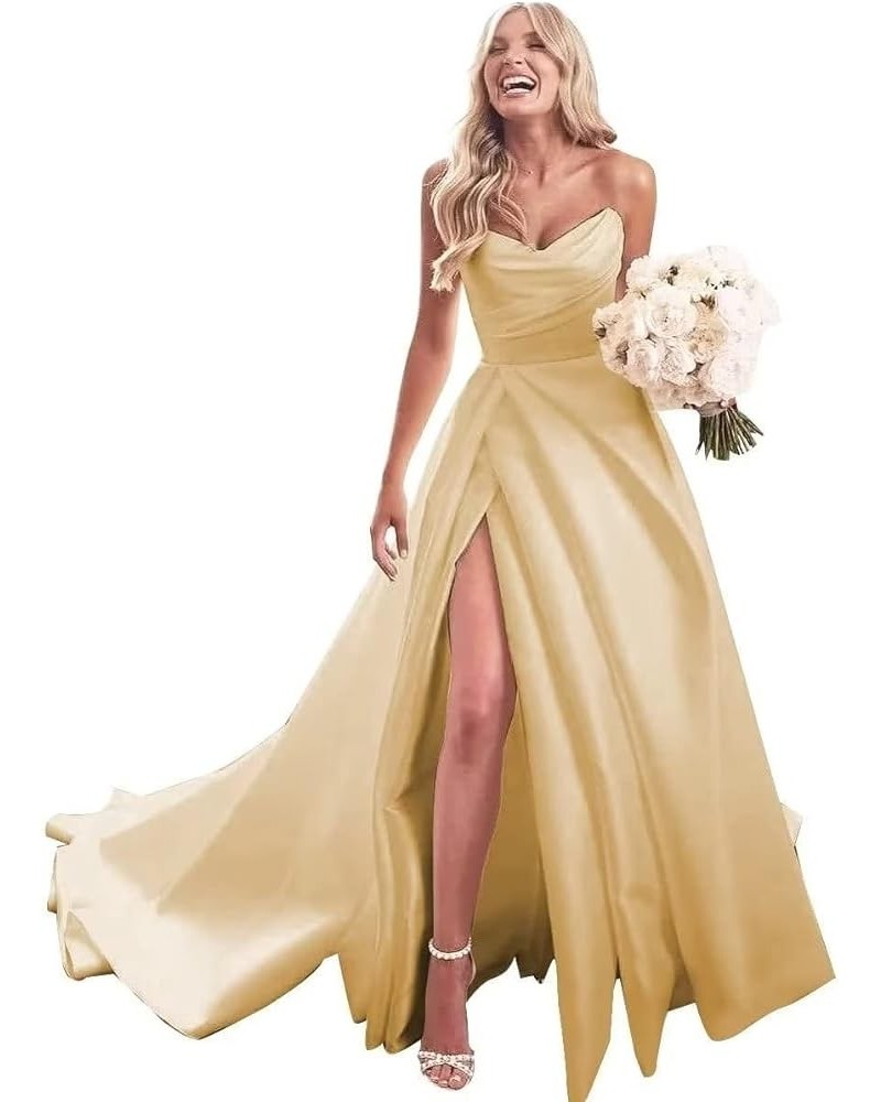 Strapless Prom Dresses Long Ball Gown Satin Wedding Dress for Bride A Line Formal Evening Party Gowns with Slit Champage $41....