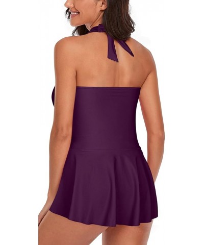 Womens Halter Tankini Swimsuits Two Piece Tummy Control Bathing Suits V Neck Swimdress with Boyshorts Swimwear Purple $18.98 ...