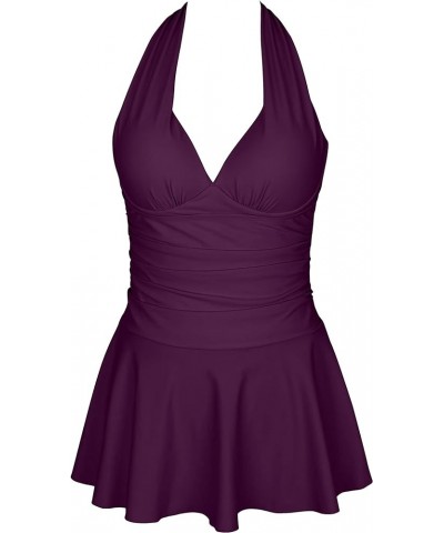 Womens Halter Tankini Swimsuits Two Piece Tummy Control Bathing Suits V Neck Swimdress with Boyshorts Swimwear Purple $18.98 ...