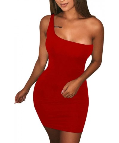 Women's Casual Basic One Shoulder Tank Top Bodycon Mini Club Dress Red $11.04 Dresses