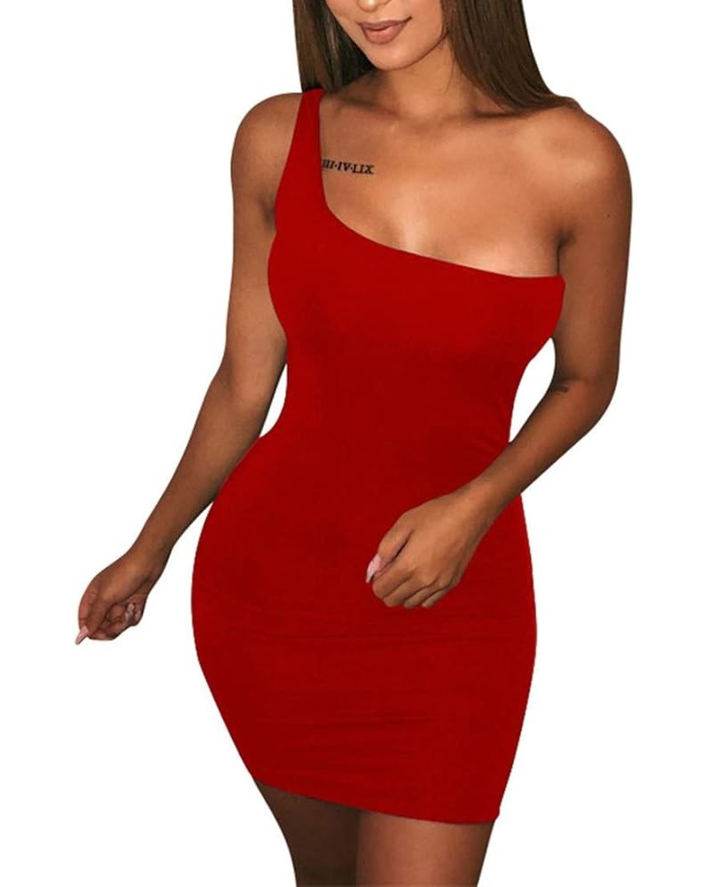 Women's Casual Basic One Shoulder Tank Top Bodycon Mini Club Dress Red $11.04 Dresses