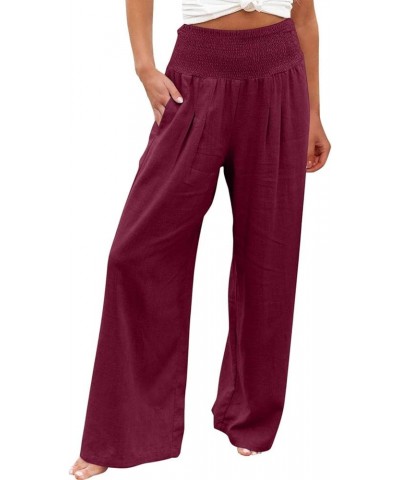 Womens Palazzo Pants Casual Smocked Elastic High Waist Wide Leg Trousers Summer Beach Pants Flowy Linen Lounge Pants 14 Wine ...