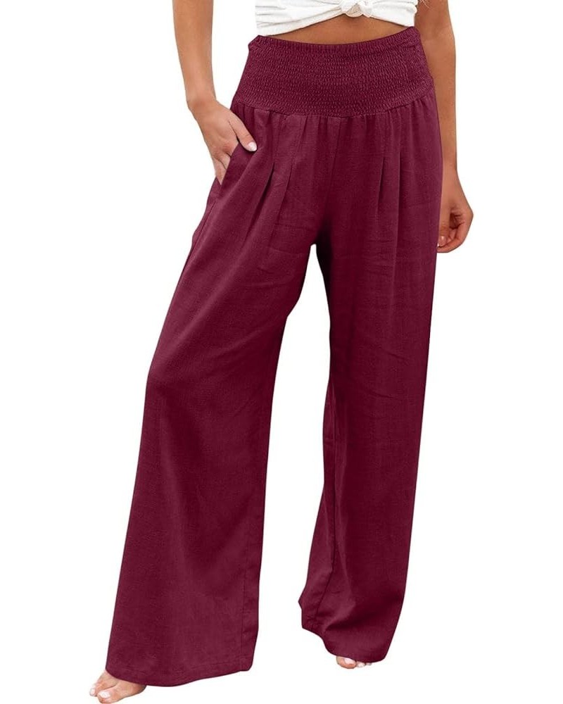 Womens Palazzo Pants Casual Smocked Elastic High Waist Wide Leg Trousers Summer Beach Pants Flowy Linen Lounge Pants 14 Wine ...