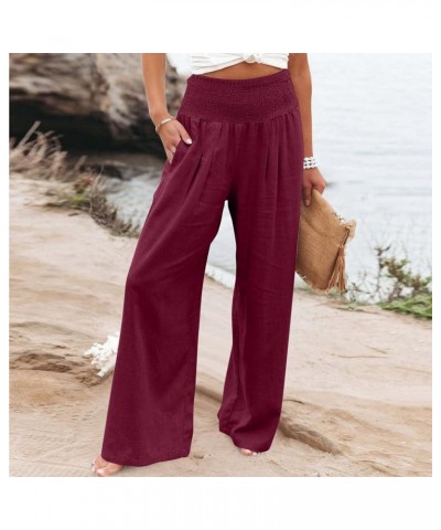 Womens Palazzo Pants Casual Smocked Elastic High Waist Wide Leg Trousers Summer Beach Pants Flowy Linen Lounge Pants 14 Wine ...