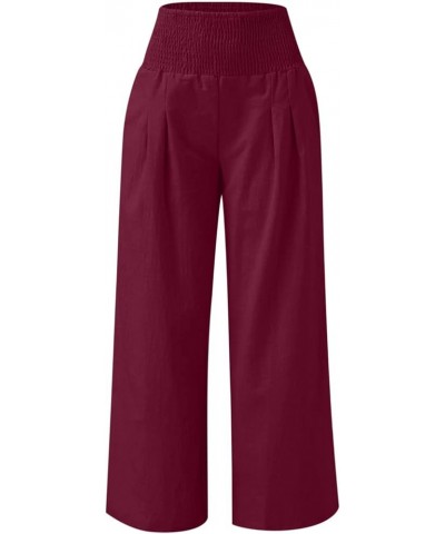 Womens Palazzo Pants Casual Smocked Elastic High Waist Wide Leg Trousers Summer Beach Pants Flowy Linen Lounge Pants 14 Wine ...