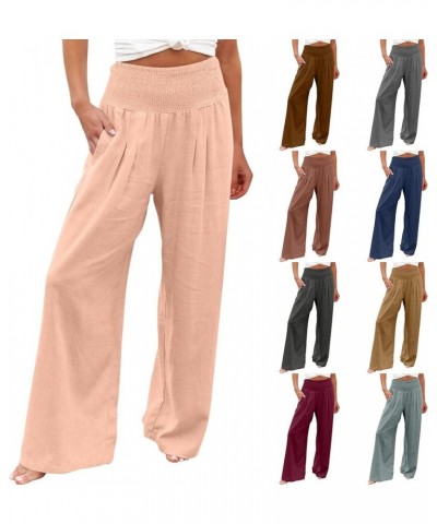 Womens Palazzo Pants Casual Smocked Elastic High Waist Wide Leg Trousers Summer Beach Pants Flowy Linen Lounge Pants 14 Wine ...