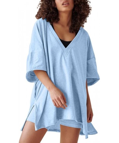 2 Two Piece Outfits for Women Summer Oversized Workout V Neck T Shirts Biker Shorts Matching Sets Dusty Blue $17.66 Activewear