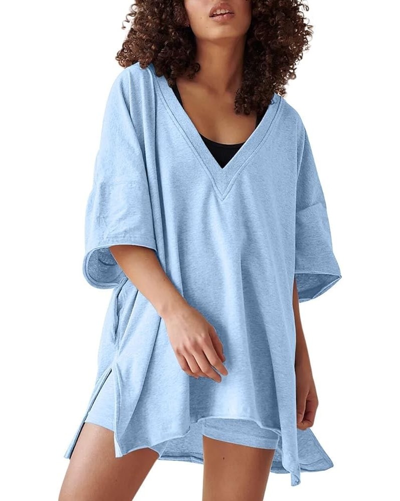 2 Two Piece Outfits for Women Summer Oversized Workout V Neck T Shirts Biker Shorts Matching Sets Dusty Blue $17.66 Activewear