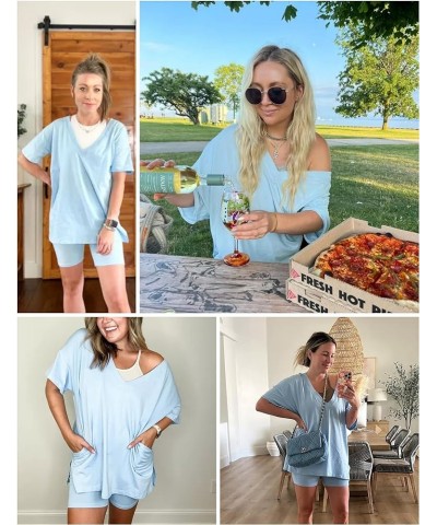 2 Two Piece Outfits for Women Summer Oversized Workout V Neck T Shirts Biker Shorts Matching Sets Dusty Blue $17.66 Activewear