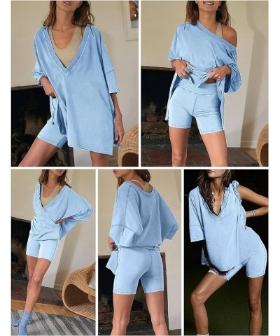 2 Two Piece Outfits for Women Summer Oversized Workout V Neck T Shirts Biker Shorts Matching Sets Dusty Blue $17.66 Activewear