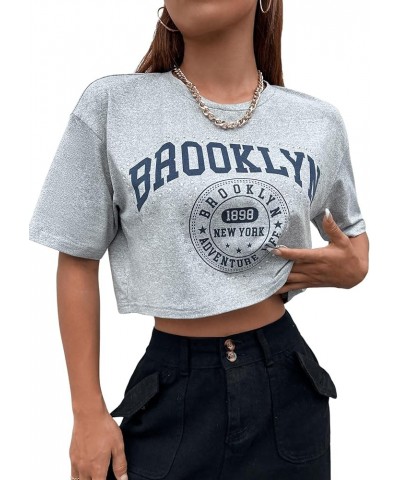 Women's Casual Letter Graphic Drop Shoulder Crop Top Round Neck Short Sleeve Tee Grey $10.86 T-Shirts