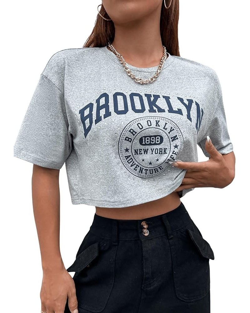 Women's Casual Letter Graphic Drop Shoulder Crop Top Round Neck Short Sleeve Tee Grey $10.86 T-Shirts