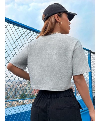 Women's Casual Letter Graphic Drop Shoulder Crop Top Round Neck Short Sleeve Tee Grey $10.86 T-Shirts