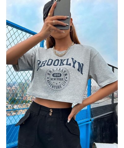 Women's Casual Letter Graphic Drop Shoulder Crop Top Round Neck Short Sleeve Tee Grey $10.86 T-Shirts