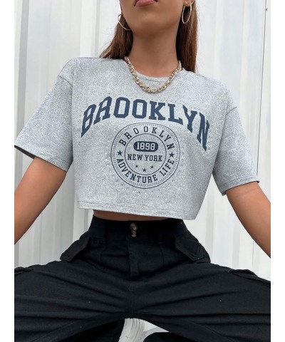 Women's Casual Letter Graphic Drop Shoulder Crop Top Round Neck Short Sleeve Tee Grey $10.86 T-Shirts