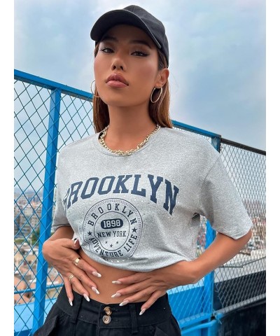 Women's Casual Letter Graphic Drop Shoulder Crop Top Round Neck Short Sleeve Tee Grey $10.86 T-Shirts