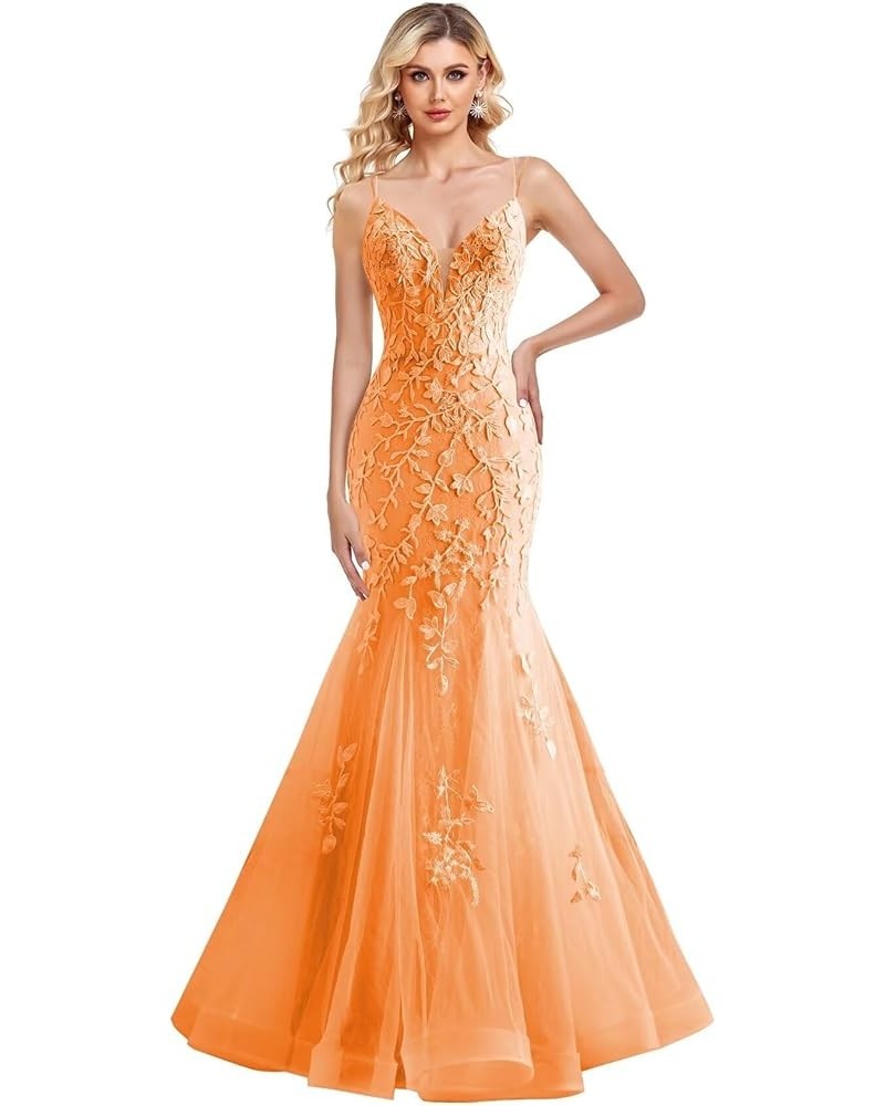 Lace Applique Prom Dresses Mermaid V Neck Wedding Party Gowns 2024 Formal Evening Dress Orange $42.64 Dresses