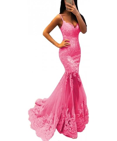 Prom Dressees Spaghetti Strap Lace Applique Tulle Mermaid Backless Bridesmaid Evening Formal Gowns Z Style-hot Pink $42.00 Dr...