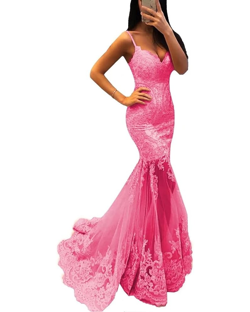 Prom Dressees Spaghetti Strap Lace Applique Tulle Mermaid Backless Bridesmaid Evening Formal Gowns Z Style-hot Pink $42.00 Dr...