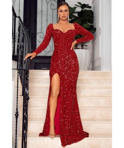 Sparkly Mermaid Long Prom Dresses 2024 with Slit Sequin Formal Evening Gowns for Women with Train RO009 A-mint $36.00 Dresses