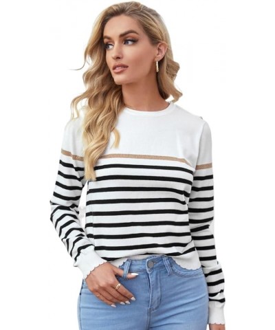 Sweaters for Women Striped Pattern Scallop Trim Sweater (Color : Multicolor, Size : Medium) Petite Multicolor $24.34 Sweaters